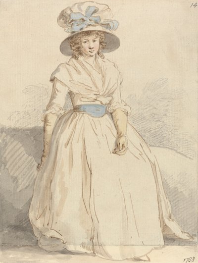 En ung dame sidder iført en hvid kjole af Edward Edwards