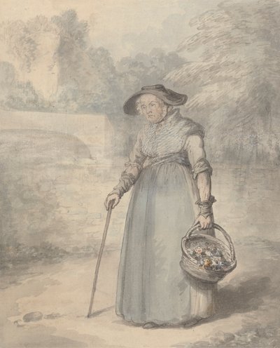 Gammel dame med kurv med blomster af Edward Edwards