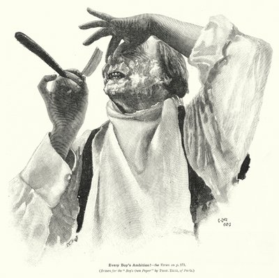 Mand barberer sig (litografi) af Edward Ertz
