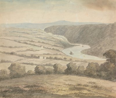 Flodlandskab med både af Edward Francis Burney