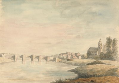 Flodlandskab med bro af Edward Francis Burney