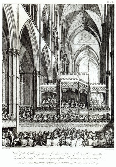 Udsigt over galleriet forberedt til modtagelsen af deres majestæter den kongelige familie, direktører og hovedpersoner i kongeriget ved mindehøjtideligheden af Handel i Westminster Abbey, indgraveret af Joh af Edward Francis Burney