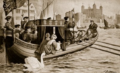 Catherine Howard føres op i tårnet, illustration fra 