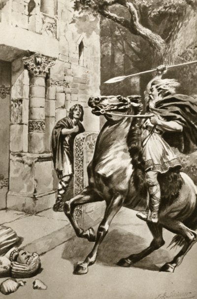 Ypperstepræsten Coifi rider op ad Goodmanham Lane for at smadre afguderne, illustration fra 