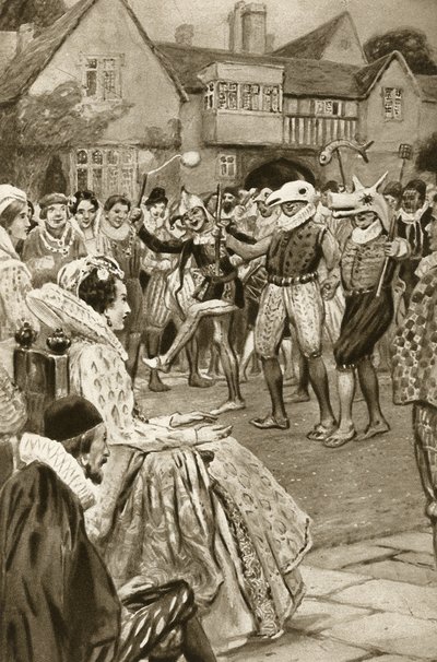 Dronning Ellizabeth I bliver underholdt af gøglere (litho) af Edward Frederick Skinner