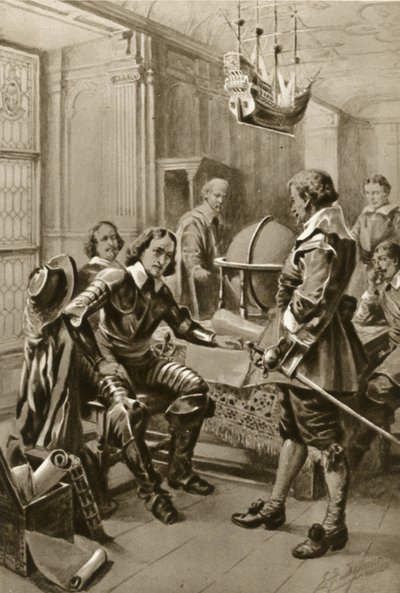 Robert Blake besøger Oliver Cromwell i rådssalen i Whitehall (litografi) af Edward Frederick Skinner