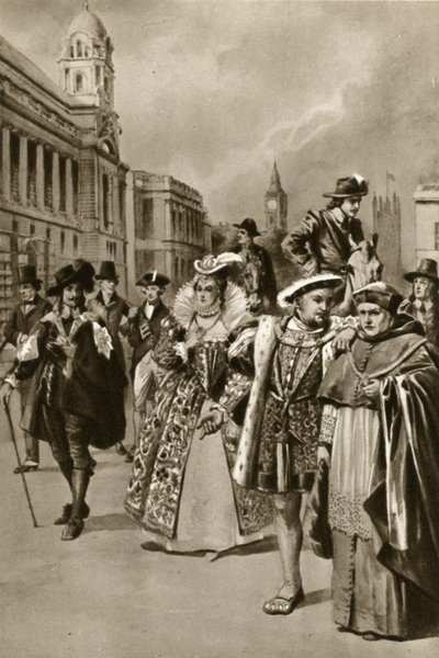 Londons gader: Kong Charles I, dronning Elizabeth I, kong Henry VIII, kardinal Wolsey (litografi) af Edward Frederick Skinner