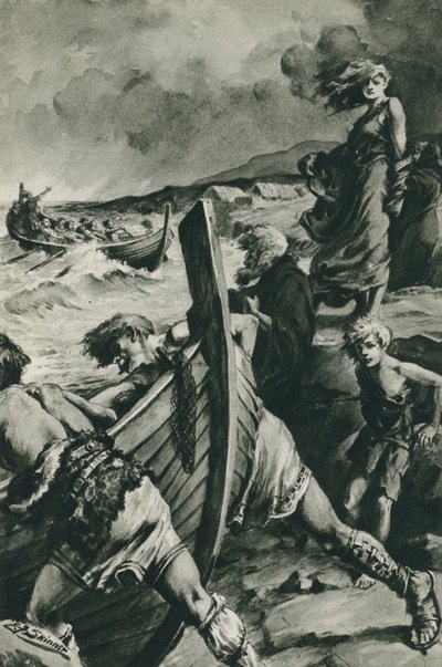 Vikingerne, der sejlede ud fra Norges fjorde og fandt Amerika længe før Columbus (litografi) af Edward Frederick Skinner