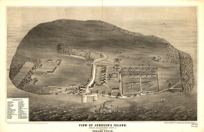 Ikke tegnet i skala. LC Civil War Maps (2. udgave), 320 Perspektivtegning, der viser befæstninger, fængsel, bygninger og vegetation. Hovedbygninger er indtastet efter nummer til en liste i nederste venstre hjørne. Beskrivelse afledt af publiceret bibliogra af Edward Gould