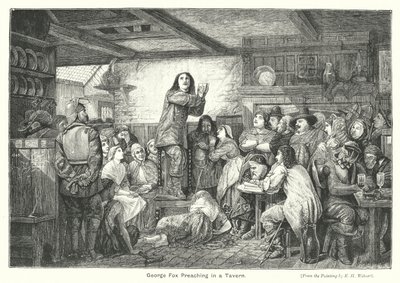 George Fox prædiker i et værtshus (gravering) af Edward Henry (after) Wehnert