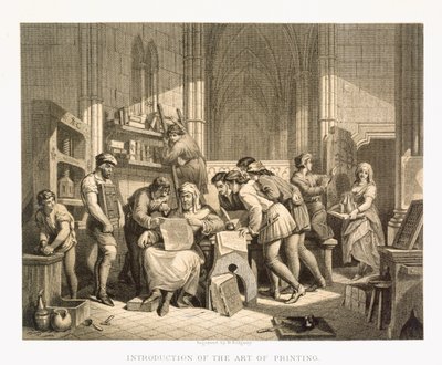 Introduktion til bogtrykkerkunsten, fra "Illustrations of English and Scottish History" bind I af Edward Henry Wehnert