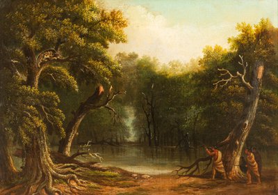 Indfødt amerikaner skyder jaguar i et træ af Edward Hicks