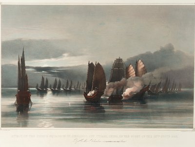 Angreb på pirateskadren Chuiapoo ud for Tysami, Kina, natten til den 28. september 1849 af HMS Columbine, J C Dalrymple Hay, Esqr, Commr, ca. 1849 (tryk, litografi, farvelagt) af Edward Hodges Cree
