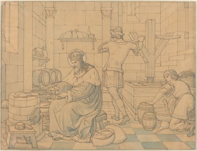 Saint Wenzel Cooking Hosts as Two Youths Press Wine af Edward Jakob von Steinle