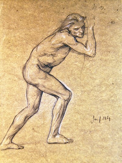 Studie af en mandlig nøgen til The Prodigals Return, 1869 (kridt på papir) af Edward John Poynter