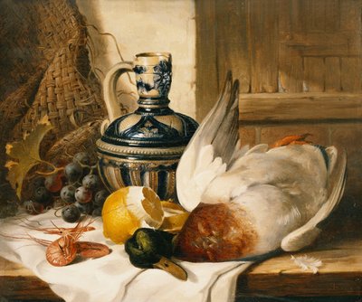 En gråand, en kande, en skrællet citron, vindruer og rejer på draperet kant, af Edward Ladell
