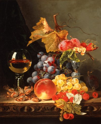 Druer, blommer, hvide ribs, jordbær med vin på en trækant (olie på lærred) af Edward Ladell