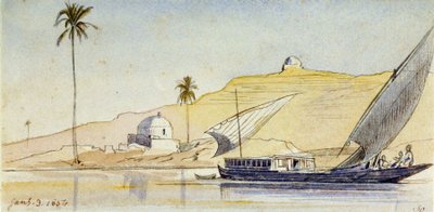 En stor egyptisk fellucca på Nilen (Egypten), foran de stejle bredder, med en palme og to hvide marabouter, som fremhæver landskabets ørkenaspekt. af Edward Lear