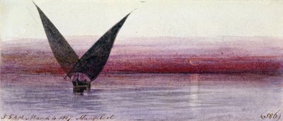 En egyptisk båd på Nilen i Manfaloot (Egypten). Farvet akvareltegning af Edward Lear