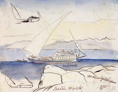 En egyptisk dhow på Nilen nær Shetaal (Egypten). Farvet akvareltegning af Edward Lear