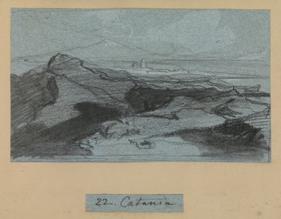 Catania, fra Views of Sicily (kridt og gouache på blåt papir) af Edward Lear