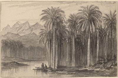 Figurer sætter ud i kanoer fra en palmelund Wady Feiran, 18841885. af Edward Lear