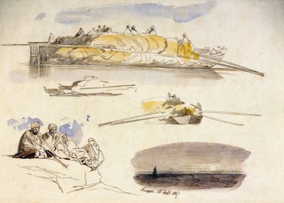 Fem skitser af Luxor (Egypten), tre billeder af en husbåd lastet med halm, en skitse af fem siddende egyptere og et landskab i skumringen. af Edward Lear