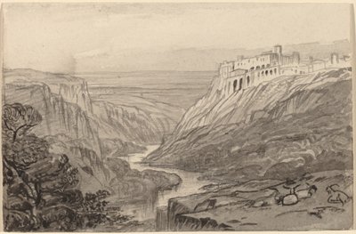 Geder hviler over en flodkløft Narni, Italien, 18841885. af Edward Lear