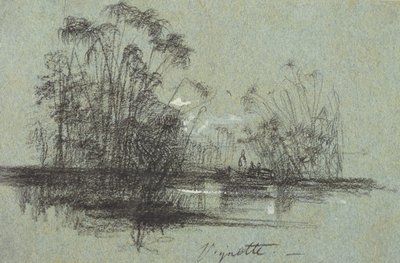 Papyrus på Anapus, fra Views of Sicilien (sort kridt & kropsfarve på blåt papir) af Edward Lear