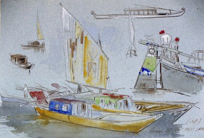 Studier af venetianske både. Koloreret akvareltegning af Edward Lear (1812-1888). af Edward Lear