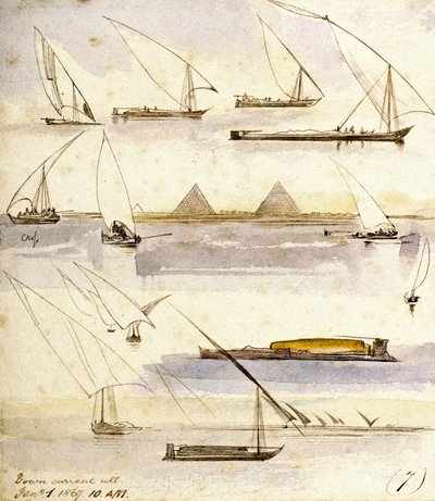 Studie af forskellige egyptiske både (Dahabeeyahs og Gyassis) med en scene foran pyramiderne i Giza (Cairo) midt på siden. af Edward Lear