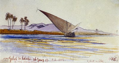 Nilens bredder (Egypten) med palmer og gyassier, der vender ud mod bredden, nær Gebel el Silsileh. Farvet akvareltegning af Edward Lear