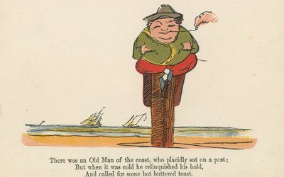 Der var en gammel mand fra kysten, som sad stille og roligt på en pæl, fra "A Book of Nonsense", udgivet af Frederick Warne and Co., London, ca. 1875 af Edward Lear