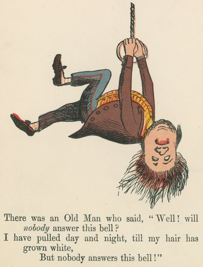 Der var en gammel mand, som sagde: "Nå! Vil ingen svare på denne klokke?", fra "A Book of Nonsense", udgivet af Frederick Warne and Co. i London, ca. 1875. af Edward Lear