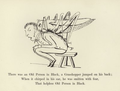 Der var en gammel person i sort, en græshoppe hoppede på ryggen af Edward Lear