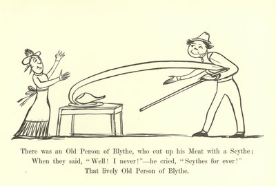 Der var en gammel mand fra Blythe, som skar sit kød op med en le af Edward Lear