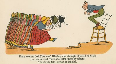 Der var en gammel person fra Rhodos, som var stærkt imod padder, fra "A Book of Nonsense", udgivet af Frederick Warne and Co., London, ca. 1875 af Edward Lear