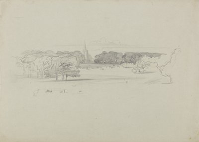 Udsigt over en eng mod en kirke af Edward Lear