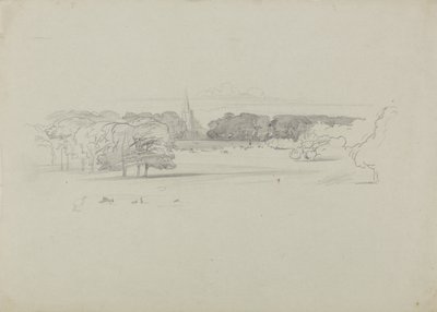 Udsigt over en eng til en kirke af Edward Lear