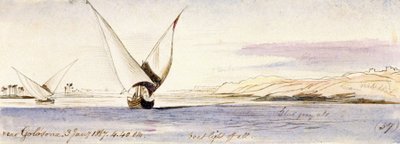Udsigt over Nilen nær Golosona (Egypten) med en traditionel egyptisk båd, der sejler. Farvet akvareltegning af Edward Lear