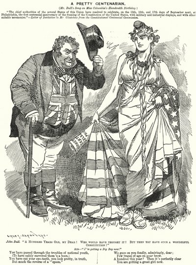 Punch tegneserie: A Pretty Centenarian - hundredåret for udarbejdelsen af den amerikanske forfatning (gravering) af Edward Linley (after) Sambourne