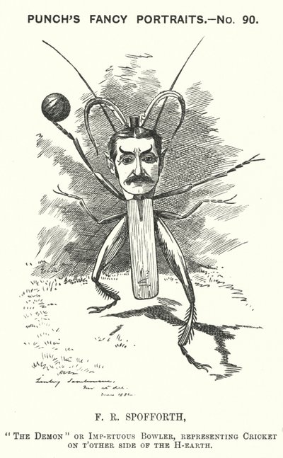 Punch tegnefilm: Fred Spofforth, australsk cricketspiller (gravering) af Edward Linley (after) Sambourne