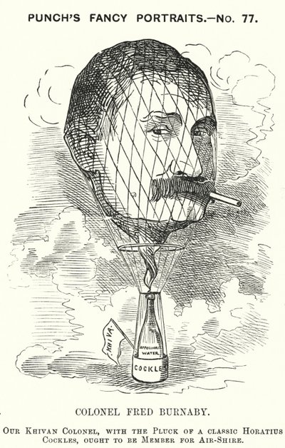 Punch tegneserie: Frederick Burnaby, efterretningsofficer og ballonist i den britiske hær (gravering) af Edward Linley (after) Sambourne