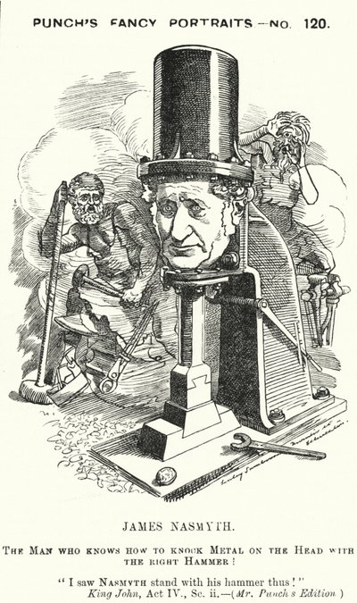 Punch tegnefilm: James Nasmyth, skotsk ingeniør og opfinder af damphammeren (gravering) af Edward Linley (after) Sambourne