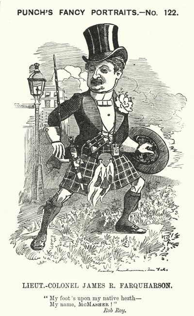 Punch tegnefilm: James Ross Farquharson, skotsk soldat (gravering) af Edward Linley (after) Sambourne