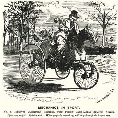 Punch tegnefilm: Mechanics in Sport. Nr. 3. - Forbedrede Clockwork Hunters, med Patent Camb-Saddle Bumping Action (gravering) af Edward Linley (after) Sambourne