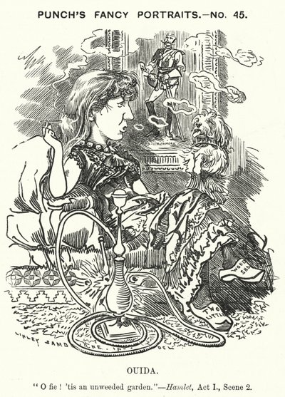 Punch tegnefilm: Ouida (Maria Louise Rame), engelsk forfatter (gravering) af Edward Linley (after) Sambourne