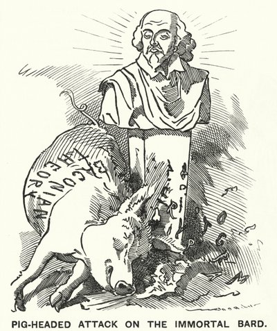 Punch tegneserie: Pig-headed Attack on the Immortal Bard - teorien om, at William Shakespeares skuespil faktisk blev skrevet af Sir Francis Bacon (gravering) af Edward Linley (after) Sambourne