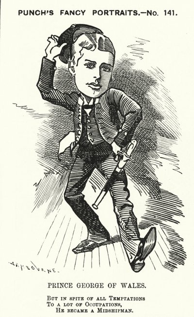 Punch tegneserie: Prins George af Wales, den fremtidige kong George V, som midtskibsmand i Royal Navy (gravering) af Edward Linley (after) Sambourne