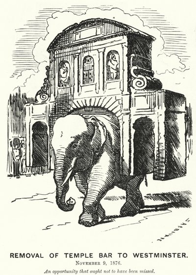 Punch tegneserie: Fjernelse af Temple Bar til Westminster (gravering) af Edward Linley (after) Sambourne